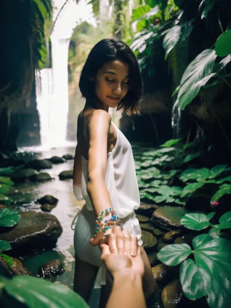 bf_holding_hands,  walking in waterfall in dense jungle with topless girls, rainbow, 
detailed,8k, detailed shadow, 1 botomless girl, short hair, black hair, white transparent tight shirt, jewelry ,(masterpiece,best quality),
