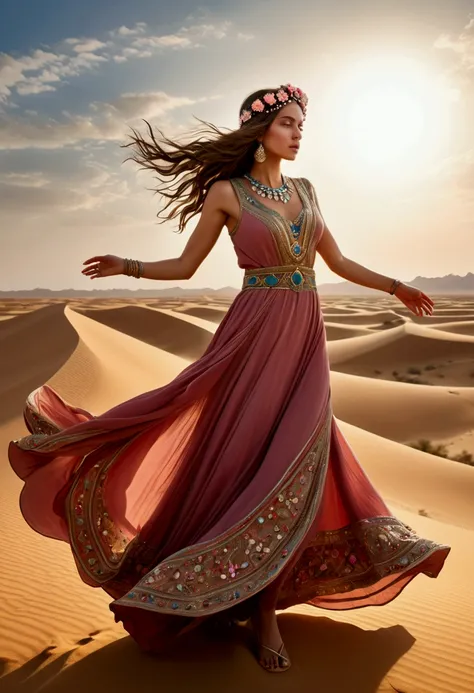 (a Desert Princess), standing on the top of the sand dune, dressed in a flowing long dress, with her skirt dancing in the wind like flowers blooming in the desert. The gemstones embedded in her headdress shone in the sunshine, and she held a desert rose in...