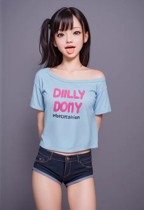 pastel colors colors t-shirt,off-shoulder look,bare shoulder,ollarbone,midriff,micro shorts,(open mouth:1.5),(tongue out:2),standing,arms behind back,front view,cowboy shot,looking at viewer,(1girl,Beautiful 14 year old girl),((Slender,Small breasts,Small ...