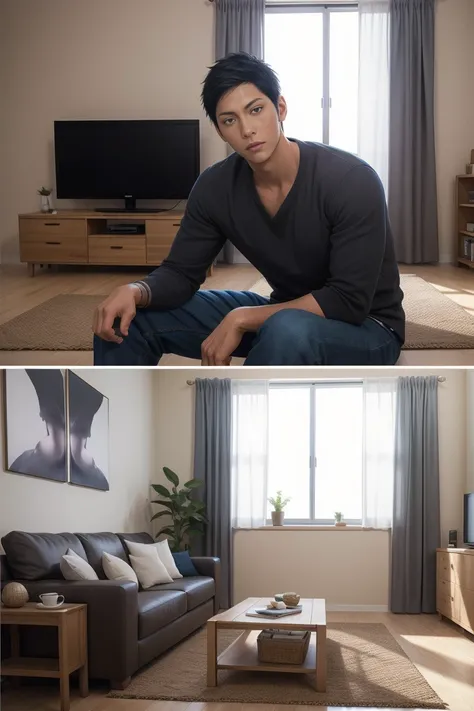 realistic photo of handsome aomine daiki ,living room