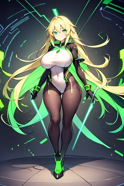 1girl, green eyes, blonde hair, long hair, large breasts, hourglass figure, bodysuit, white bodysuit, neon, neon trim, machinery, tech, science-fiction, futuristic, serious, standing, full body, ((full body)),, pantyhose, black pantyhose, wavy hair, walkin...