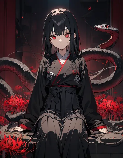 One girl, masterpiece, top quality, beautiful, expressionless, jet black hair, red pupils, big eyes, hakama skirt, snake, cute sleeves, red spider lily, sitting, anime