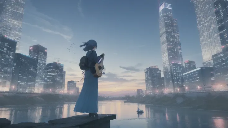 Acoustic guitar,真っ暗なnight空,Octane, star (null), scenery, Blue parakeet,Acoustic guitarは身体の前,star, night, Girl, Back view, Outdoor, city,river,Blue parakeet,building, cloud, 天のriver,silhouette