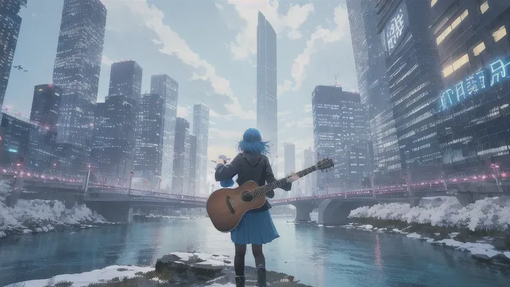 Acoustic guitar,真っ暗なnight空,Octane, star (null), scenery, Blue parakeet,Acoustic guitarは身体の前,star, night, Girl, Back view, Outdoor, city,river,Blue parakeet,building, cloud, 天のriver,silhouette