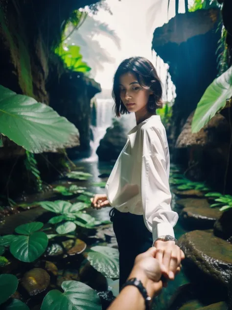 bf_holding_hands,  walking in waterfall in dense jungle with botomless girls, rainbow, 
detailed,8k, detailed shadow, 1 botomless girl, short hair, black hair, white transparent tight shirt, jewelry ,(masterpiece,best quality),
