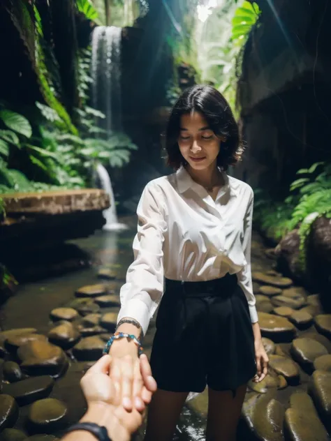 bf_holding_hands,  walking in waterfall in dense jungle with botomless girls, rainbow, 
detailed,8k, detailed shadow, 1 botomless girl, short hair, black hair, white transparent tight shirt, jewelry ,(masterpiece,best quality),
