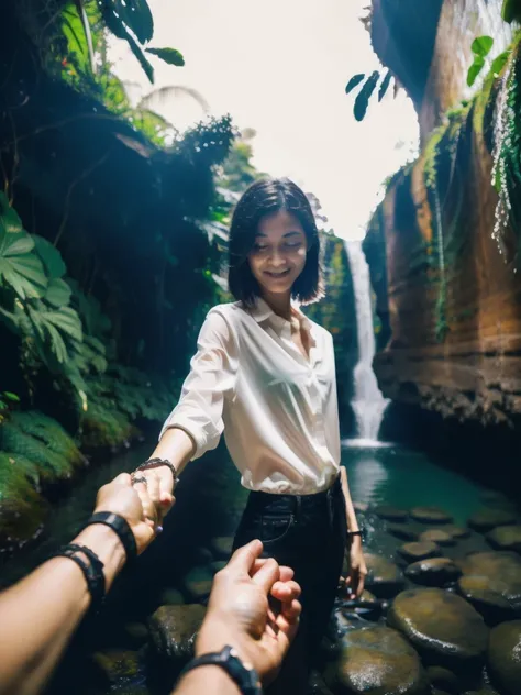 bf_holding_hands,  walking in waterfall in dense jungle with botomless girls, rainbow, 
detailed,8k, detailed shadow, 1 botomless girl, short hair, black hair, white transparent tight shirt, jewelry ,(masterpiece,best quality),
