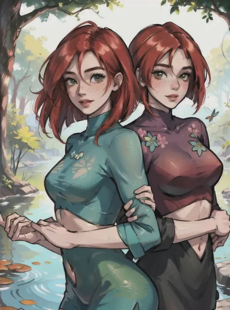 A beautiful red-haired girl of 21 years old and her 11-year-old brother, playing in a lush garden by a serene pond, 1girl,1boy,red hair,freckles,green eyes,beautiful detailed face,detailed hands,detailed clothing,green grass field,pond,lotus flowers,ducks,...