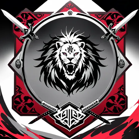 no words, badge, oriental, logo, badge, family crest, a lion-like creature, in red, black and white. Two swords pierce from inside her mouth and come out through her head. The beast displays a menacing look with crossed swords entering its mouth and pierci...