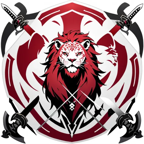 no words, badge, oriental, logo, badge, family crest, a lion-like creature, in red, black and white. two swords pierce from insi...