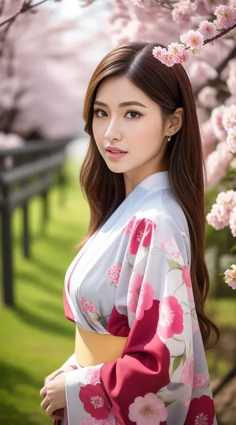 （Kimono made of cherry blossoms，lots of roses），Contemporary art，Complex design，top-quality，8K，tmasterpiece：1.3，Clear focus：1.2，Beautiful Women in Perfect Figure：1.4，Highly Detailed Face and Skin Textur，Detailed eyes，cparted lips，Long legs，fully body photo，