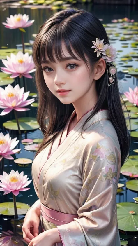 multiple exposure, masterpiece:1.2, highest quality, 16k, highres, ultra-realistic, photorealistic:1.37, beautiful detailed:1.2, cute girl, standing on a bridge spanning a water lilies pond, jet black long straight hair, blunt bangs, pond(colorful water li...