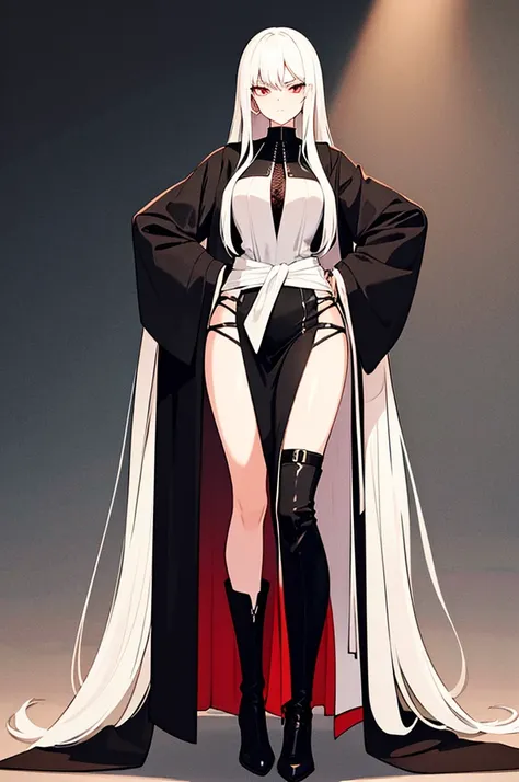 Girl, 20 years old, with long white hair down to below her waist, a serious yet tender expression, and red eyes. Her hair features black streaks. She wears antique-style clothing, a long black dress with a slit on the legs, and high black boots that almost...