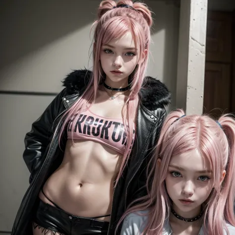 pink hair girl, pretty, brunette fur, is 17 years old. punk rock style, modern. It&#39;s in a country town, at the entrance of an American public school. Some students around. Wear eye makeup and red lipstick. half drag, Black jacke, white t-shirt with bla...