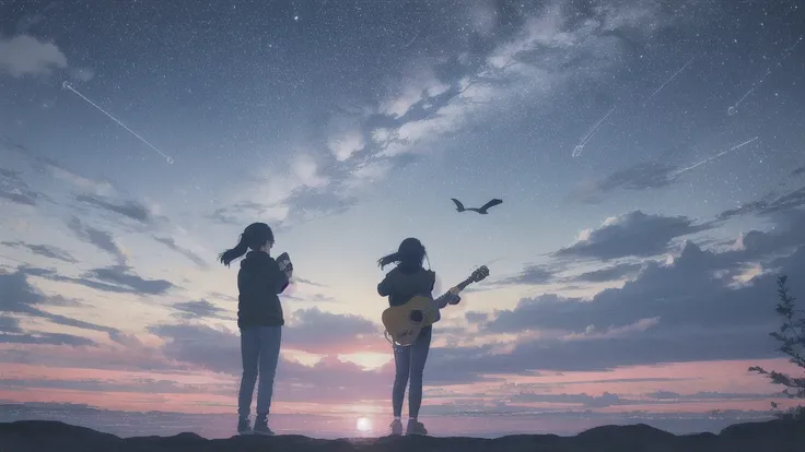 Acoustic guitar,真っ暗なnight空,Octane, star (null), scenery, Blue parakeet,Acoustic guitarは身体の前,star, night, Girl, Back view, Outdoor, city,Blue parakeet,building, cloud, milky way,silhouette