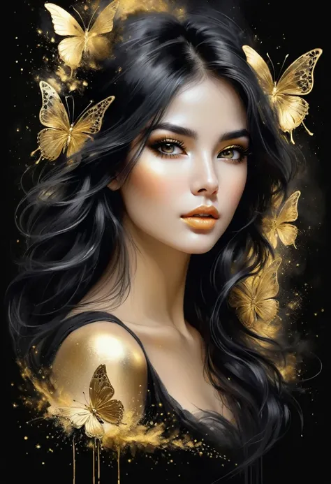 Gorgeous and hot female charcoal face drawing, long black hair,Long eyelashes,Beautiful eyes, Pino Daeni style.
Gold patterns,small golden butterflies , gold and black spirit, liquid gold explosion, magic of golden smoke, golden dust, Golden Milky Way, Bla...