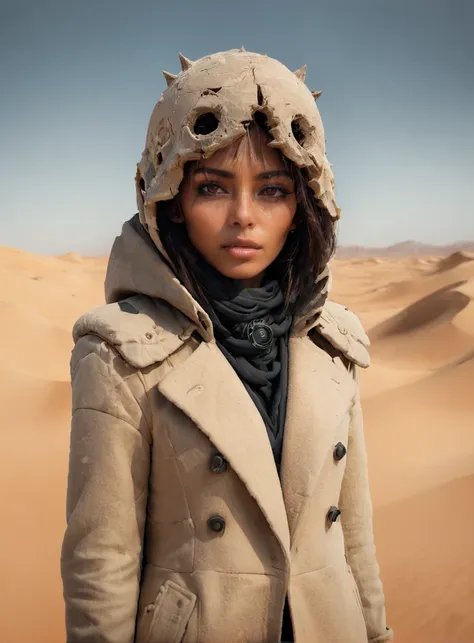 a beautiful woman with brown eyes, in a long coat standing a desert, looking at the camera, with a giant worn head in the backgr...