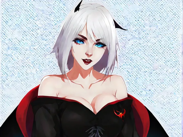 A young woman with white hair and red tips, a vampire, vampire canines, blue eyes, eye patch, short hair, female physique, Discord PfP, fantasy, vampire,long canines, rice teeth