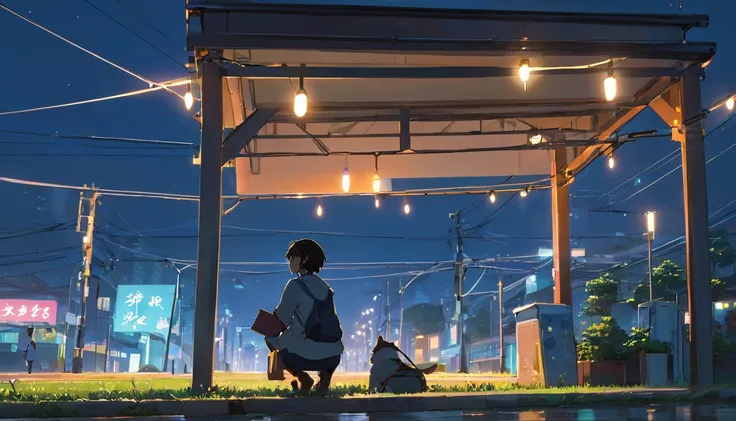 um cenário urbano com luzes de néon, ruas tranquilas e um céu estrelado, estilo anime ((makoto shinkai)), makoto shinkai&#3 back...