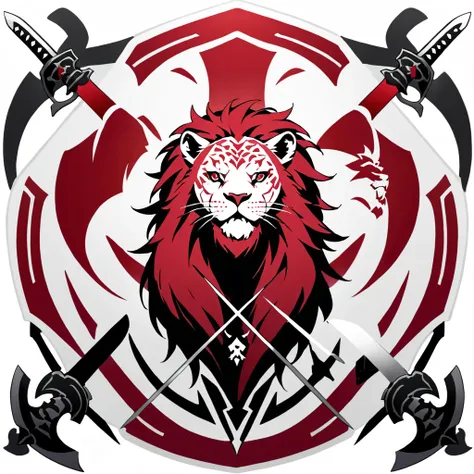 no words, badge, oriental, logo, badge, family crest, a lion-like creature, in red, black and white. two swords pierce from insi...