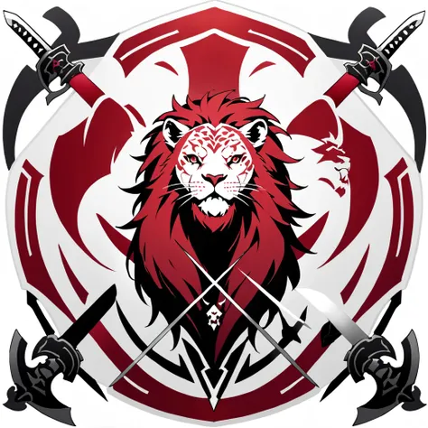 no words, badge, oriental, logo, badge, family crest, a lion-like creature, in red, black and white. two swords pierce from insi...