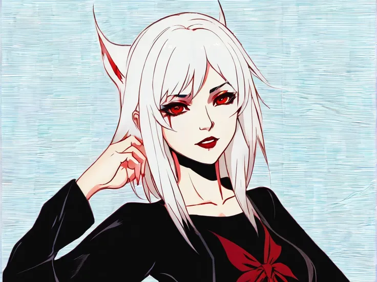 A young woman with white hair and red tips, a vampire, vampire canines, blue eyes, eye patch, short hair, female physique, Discord PfP, fantasy, vampire,long canines, rice teeth