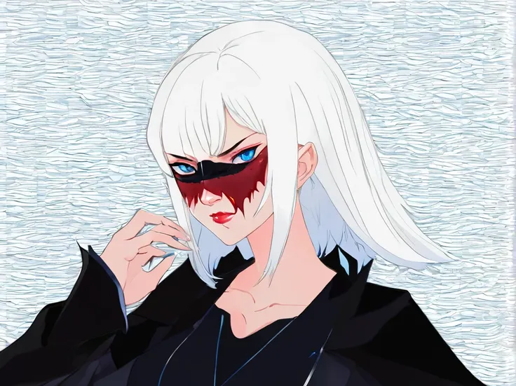 A young woman with white hair and red tips, a vampire, vampire canines, blue eyes, eye patch, short hair, female physique, Discord PfP, fantasy, vampire,long canines, rice teeth