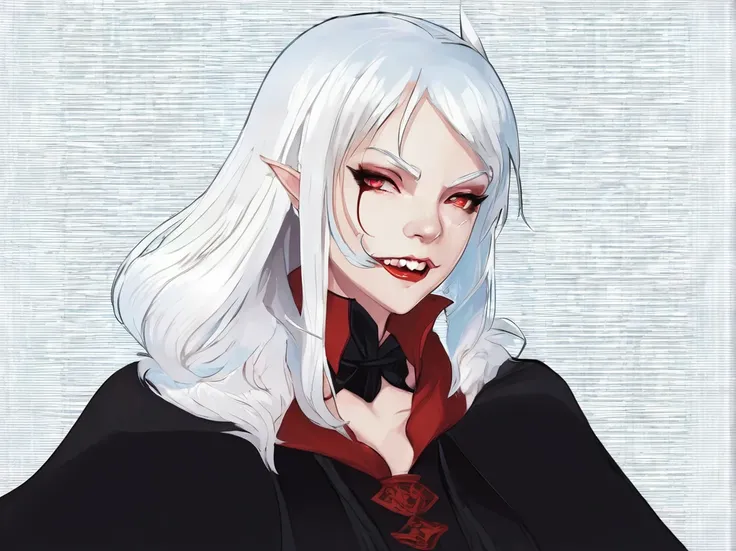 A young woman with white hair and red tips, a vampire, vampire canines, blue eyes, eye patch, short hair, female physique, Discord PfP, fantasy, vampire,long canines, rice teeth