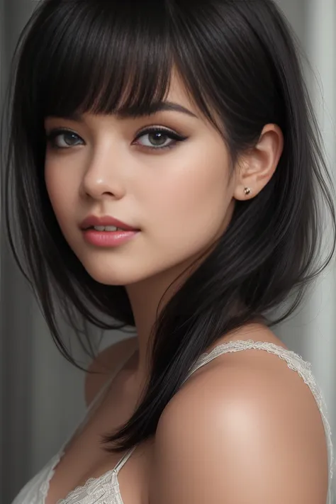 (masterpiece, best quality:1.2),bellissima, 1girl, black hair, blunt bangs, blue eyes, eyeliner, lips, lipstick, sexy smile, rea...