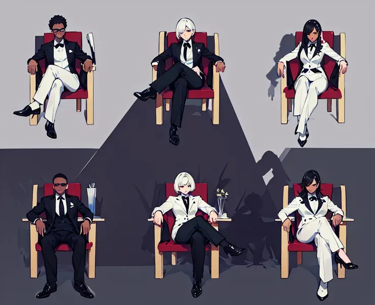 (top-quality、​masterpiece:1.2) 1womanl、Adults、((dark skinned female、long white short hair、Hair hanging over the ears)) ((White office background)) eye glasses、((Black business suit、Black tailored jacket、white  shirt、Black pantsuit、Black leather gloves)) (O...