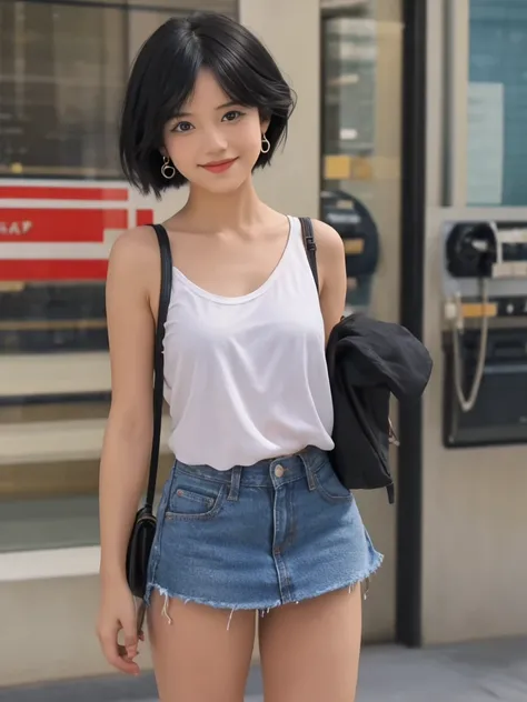 Highest quality, High resolution, girl, Small face,alone, Black Hair, Brown Eye, short hair, Cute Smile，Earrings, Denim mini skirt, White shirt with tank top,  Small breasts, Cowboy Shot, She is wearing black short boots，ステージにaloneスポットライトを浴びている,Standing po...