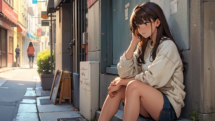 ((best quality)), ((work of art)), ((detailed)), woman, long brown hair with bangs, crying, sitting on the sidewalk
