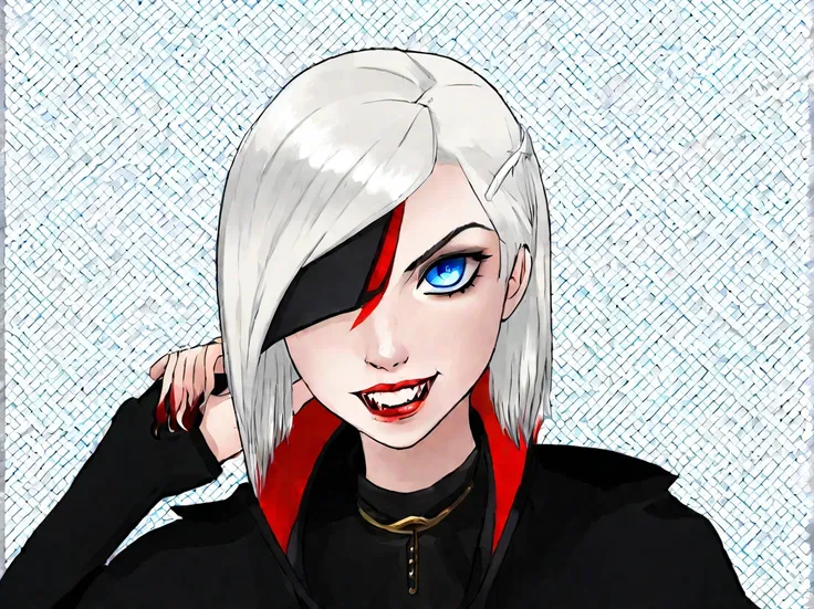 A young woman with white hair and red tips, a vampire, vampire canines, blue eyes, eye patch, short hair, female physique, Discord PfP, fantasy, vampire,long canines, rice teeth