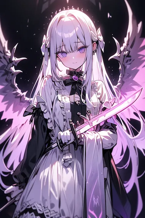 white gothic lolita angel of punishment, long white hair, purple eyes, 4 wings, (((((holding one longsword))))), mature, slim, tall, (best quality,4K,8K,mackerel,masterpiece:1.2),very detailed,(realistic,photorealistic,photo-realistic:1.37),intricate detai...