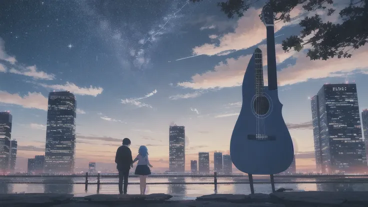 Acoustic guitar,真っ暗なnight空,Octane, star (null), scenery, Blue parakeet,Acoustic guitarは身体の前,star, night, Sailor suit, Back view, Outdoor, city,Blue parakeet,building, cloud, milky way,silhouette