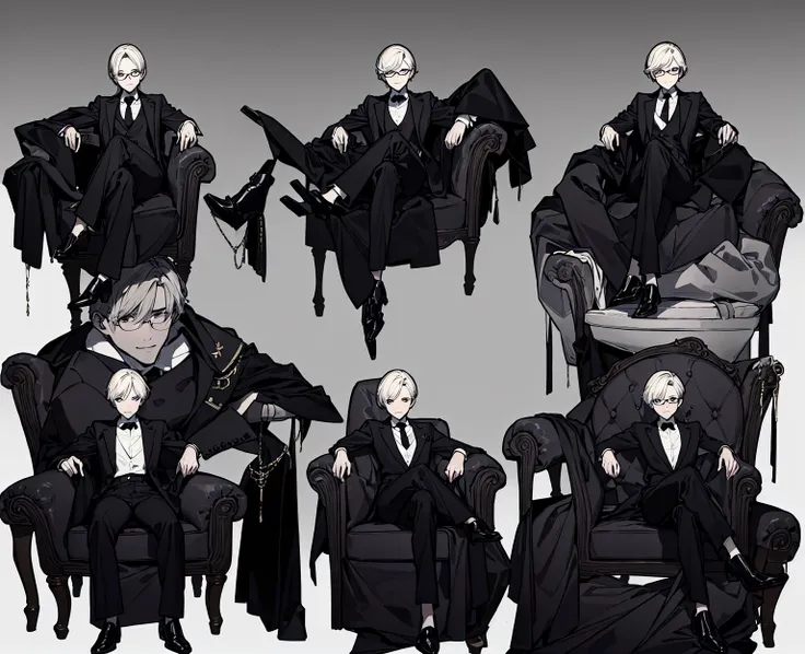 (top-quality、​masterpiece:1.2) 1womanl、Adults、((dark skinned female、long white short hair、Hair hanging over the ears)) ((White office background)) eye glasses、((Black business suit、Black tailored jacket、white shirt、Black pantsuit、Black leather gloves)) (On...