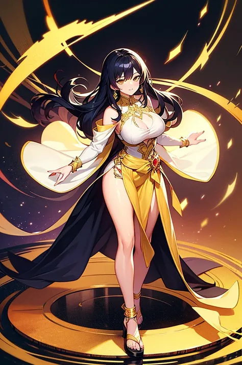 20 years old, with long black hair down to her waist, golden eyes. She wears jewelry and dresses in an antique style, donning a long white dress with golden details. She wears elegant gladiator sandals. She possesses golden powers and has a golden-themed b...