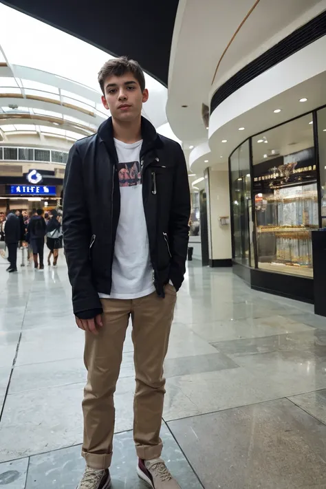 Realistic photo of solo handsome teenage men standing in front of mall