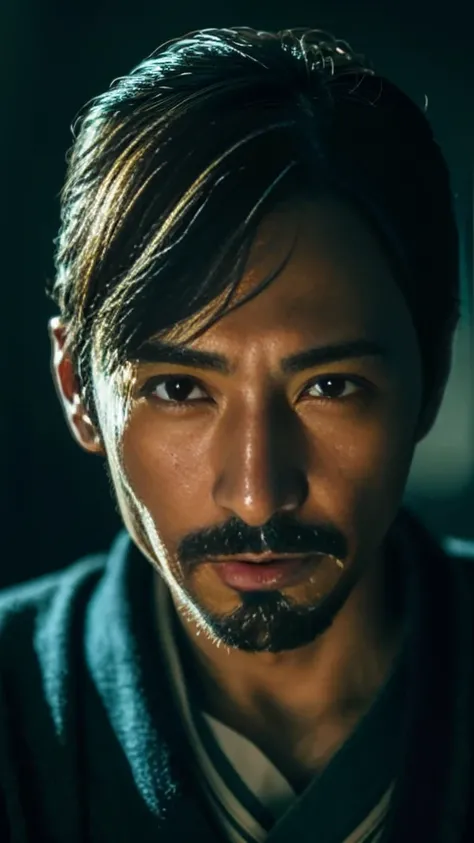 Very realistic Japanese mans face in detail, cinematic color, Keep the hand style and give a little magic effect near the hand.