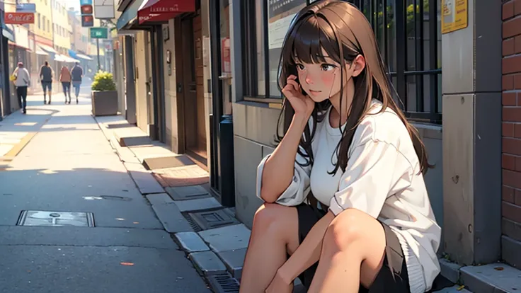 ((best quality)), ((work of art)), ((detailed)), woman, long brown hair with bangs, crying, sitting on the sidewalk