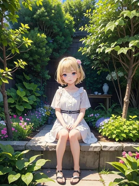 ((masterpiece)), ((Highest quality)),blonde、Short Hair、7-year-old girl、garden