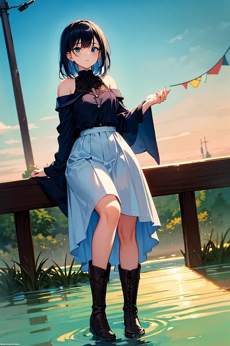 20 years old, with short dark blue hair to the shoulders, a serious yet tender expression, and bright light blue eyes. She dresses in an antique style, wearing a long dark blue skirt that reaches her knees, and small dark brown boots up to her ankles. Her ...