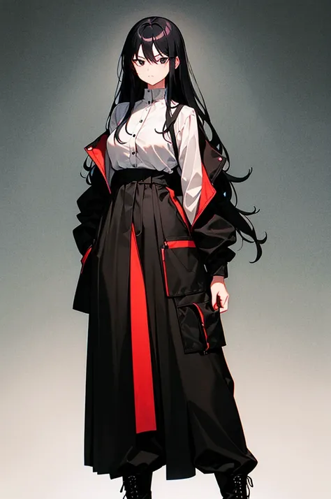 30-year-old woman, long black hair, serious, black eyes, wears old-fashioned clothing, black baggy pants, black boots, white blouse with long sleeves and exposed shoulders, powers of darkness, dark background. 