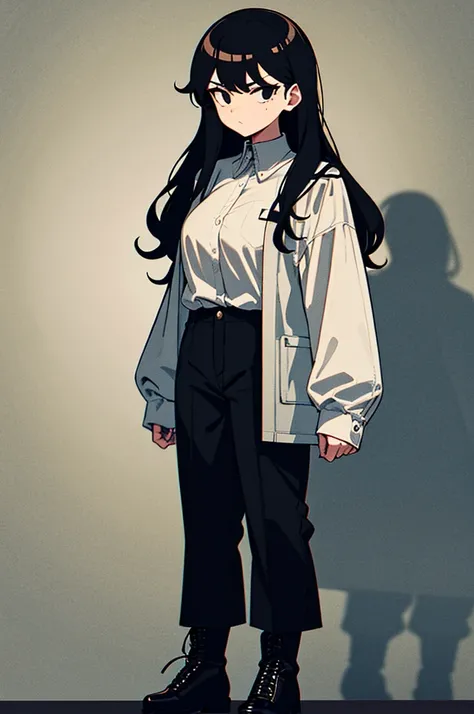 30-year-old woman, long black hair, serious, black eyes, wears old-fashioned clothing, black baggy pants, black boots, white blouse with long sleeves and exposed shoulders, powers of darkness, dark background. 