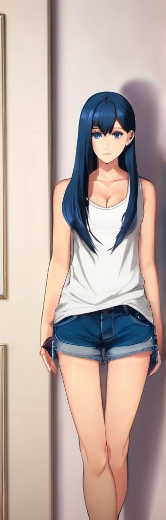 (masterpiece, best quality:1.2), 1girl, solo,standing_split, 
long hair, White sleeveless tank top，blue denim shorts