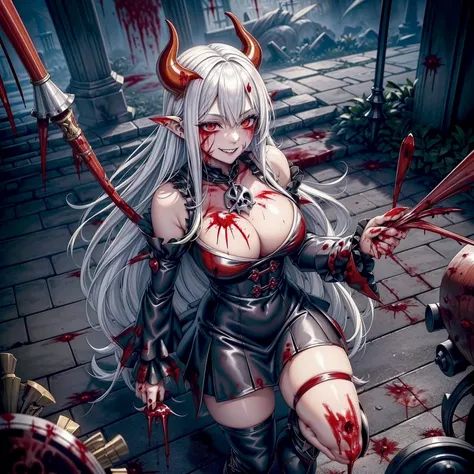  ((Fantasy Witch Costume)), ((Flowing white hair)), ,(Blood splatter:1.6),Female curves, Large Breasts, Thick thighs, Sexy flat stomach, Perfect hands, Perfect anime face, ((dark lolita dress)), Are standing, ((Wicked Smile)), ,(Blood splatter:1.6),Victori...