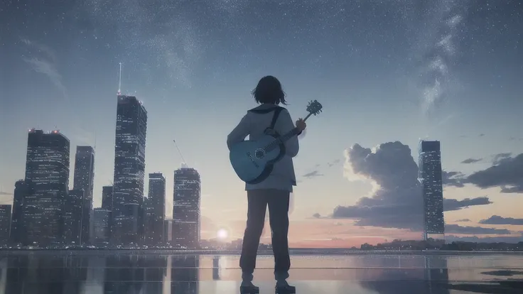 Acoustic guitar,真っ暗なnight空,Octane, star (null), scenery, Blue parakeet,Acoustic guitarは身体の前,star, night, Sailor suit, Back view, Outdoor, city,Blue parakeet,building, cloud, milky way,silhouette