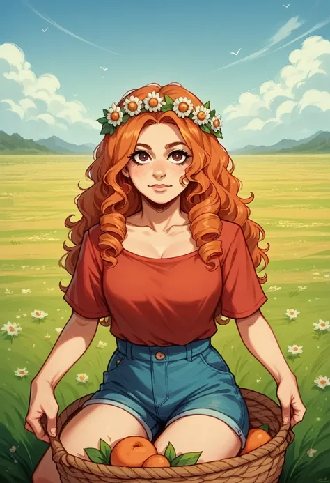 (girl:1.2),alone, (long ginger curly hair:1.1), brown eyes, Wearing a daisy wreath on your head, Sit in a daisy field, (fruit basket:1.1), blue shorts, red shirt,,raw,photographic,photo shadows,actual,Ridiculous,Aesthetic,elegant
