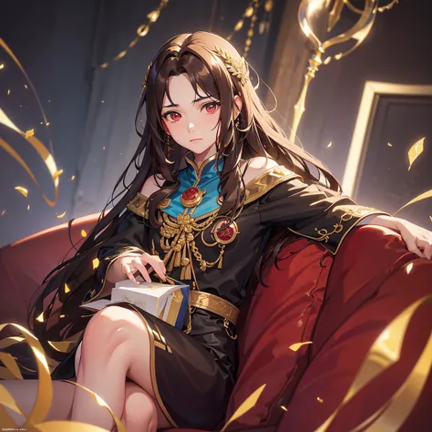 A young teen royal, long brown wavy hair, sitting on a sofa elegantly, red eyes, facing forward, emotionless expression, confident, detailed hands, (best quality, 4k, 8k, highres, masterpiece:1.2), ultra-detailed, (realistic, photorealistic, photo-realisti...