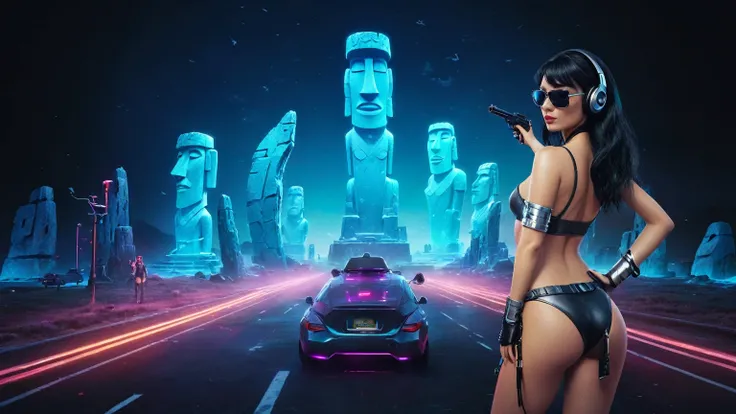 At night, dark sky, distant shot aerial view of fantasy cyberpunk style ice ((Moai-statue)) city, ((flying car)). ((1girl, solo, alone)), medium-breast:1.1 slim body, cleavage, sexy clothes, (headphone, black sunglasses, long black realistic hair), (((hip-...